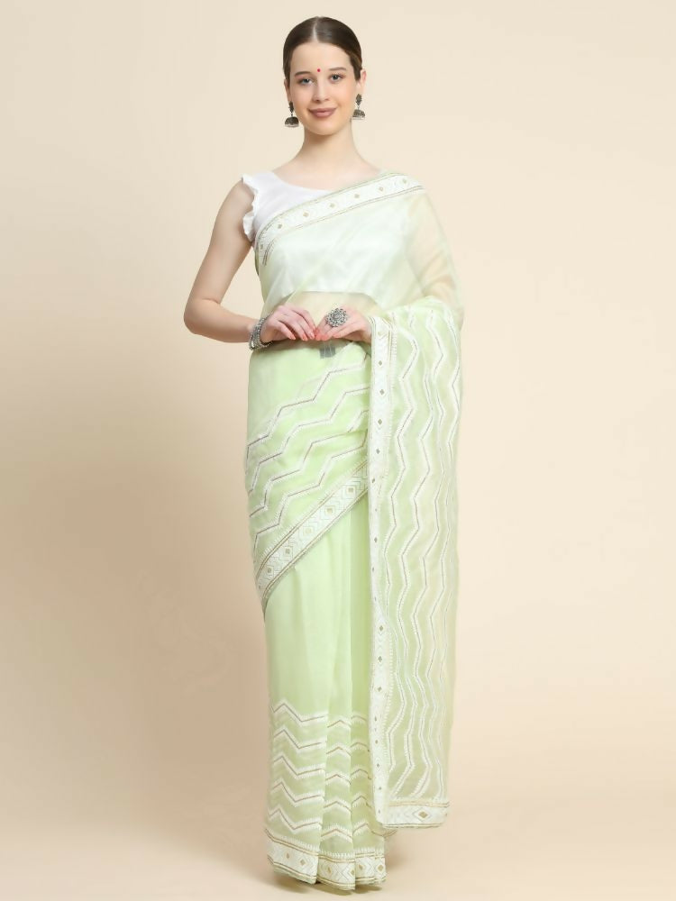 Vamsee Banno Lehriya Yellow Organza Saree | Grocsy