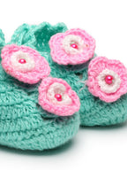 Chutput Kids Woollen Hand Knitted Flower Detailed Booties - Green | Grocsy