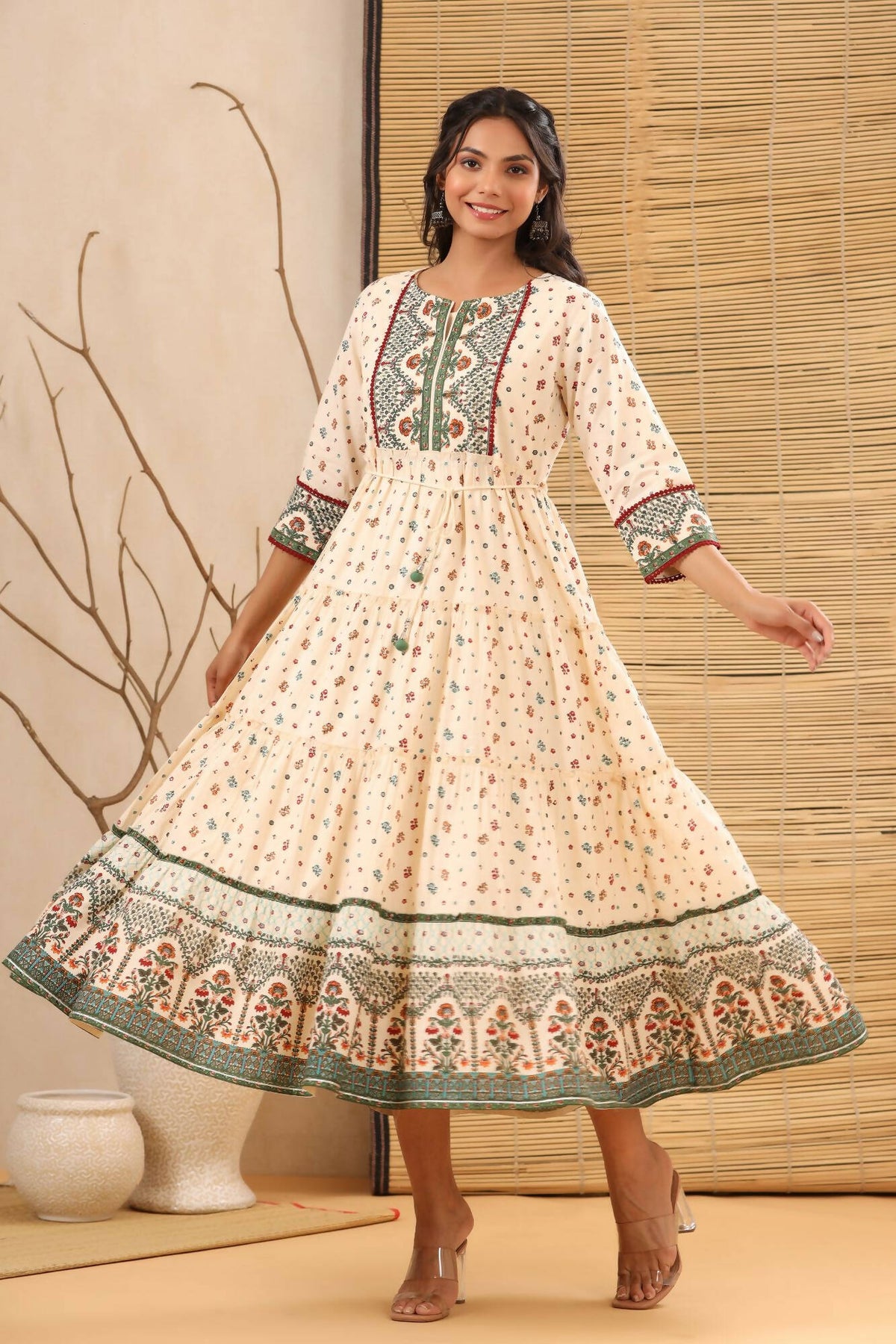 Juniper Women Ivory Cambric Printed Tiered Dress | Grocsy