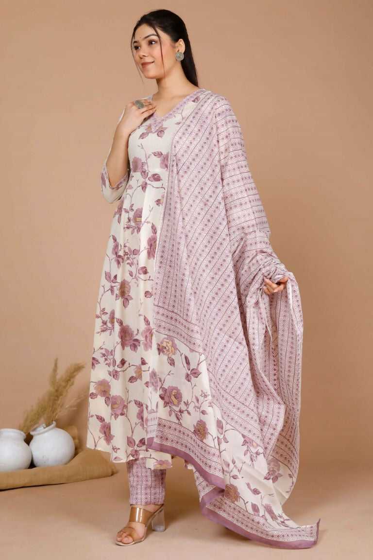 Miravan Women's Pink Floral Print Anarkali Kurta With Palazzo & Dupatta Set | Grocsy
