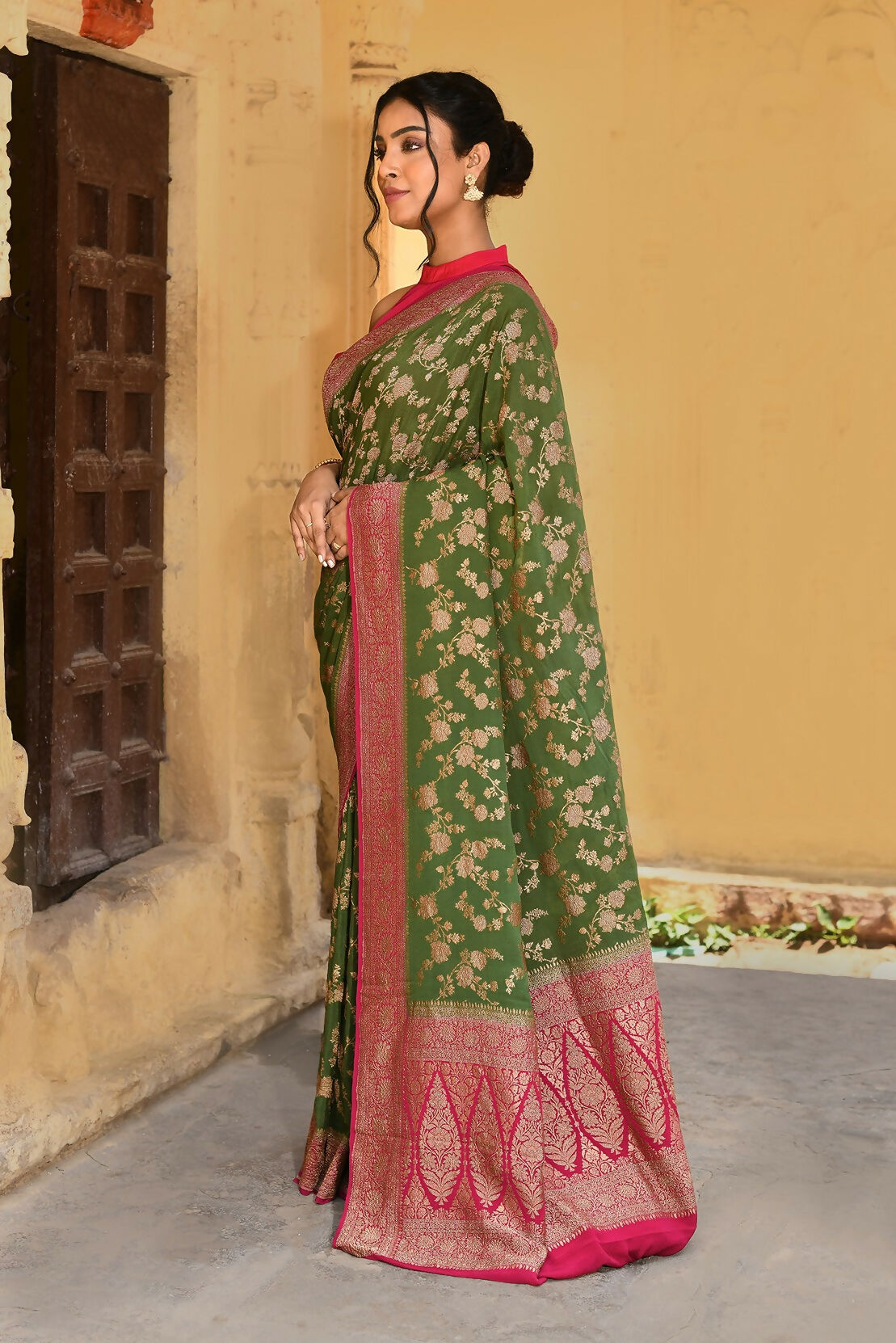 Joban Fashion Green Crepe Chiffon Pure Handloom Banarasi Silk Saree | Grocsy