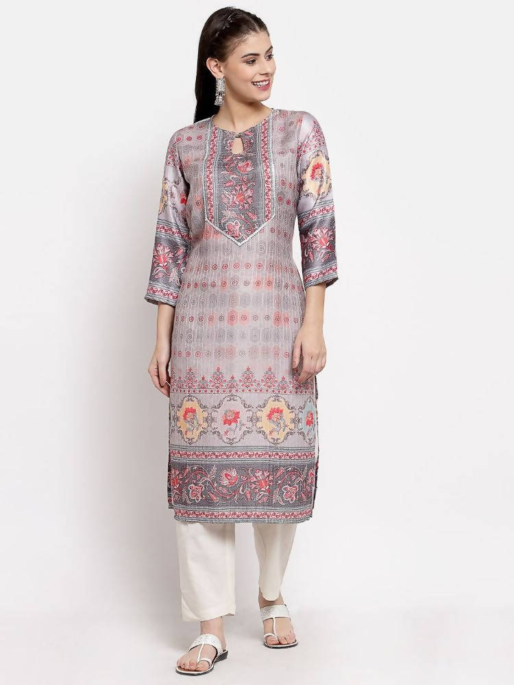 Myshka Women's Beautiful Multi Cotton Printed 3/4 Sleeve Round Neck Casual Kurta | Grocsy