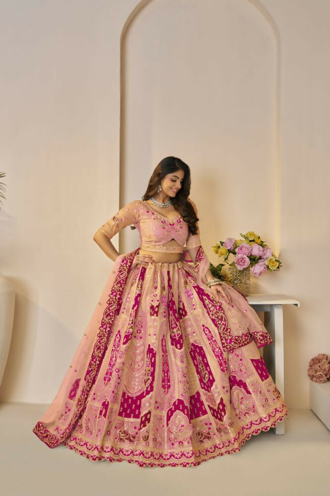 Kesar Fab Orange Banarasi Silk Embroidered Lehenga | Grocsy