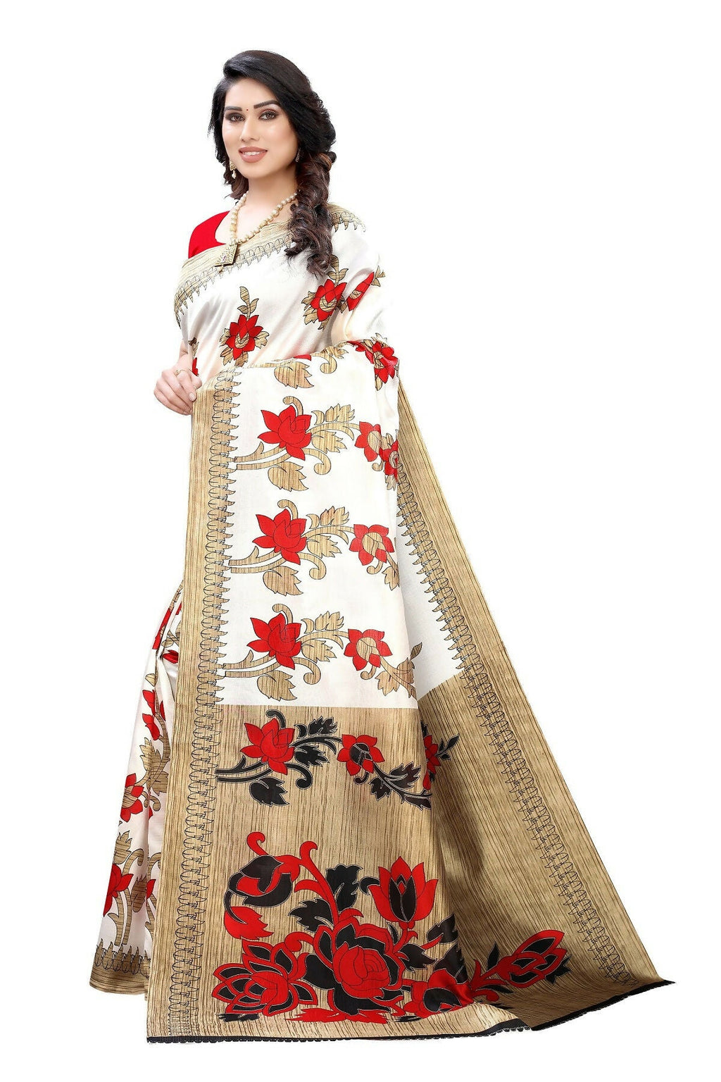 Vamika White Printed Art Silk Saree | Grocsy