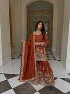 Teeya Creation New Trendy Latest Designer Embroidery Sharara Kurta Set -Orange | Grocsy