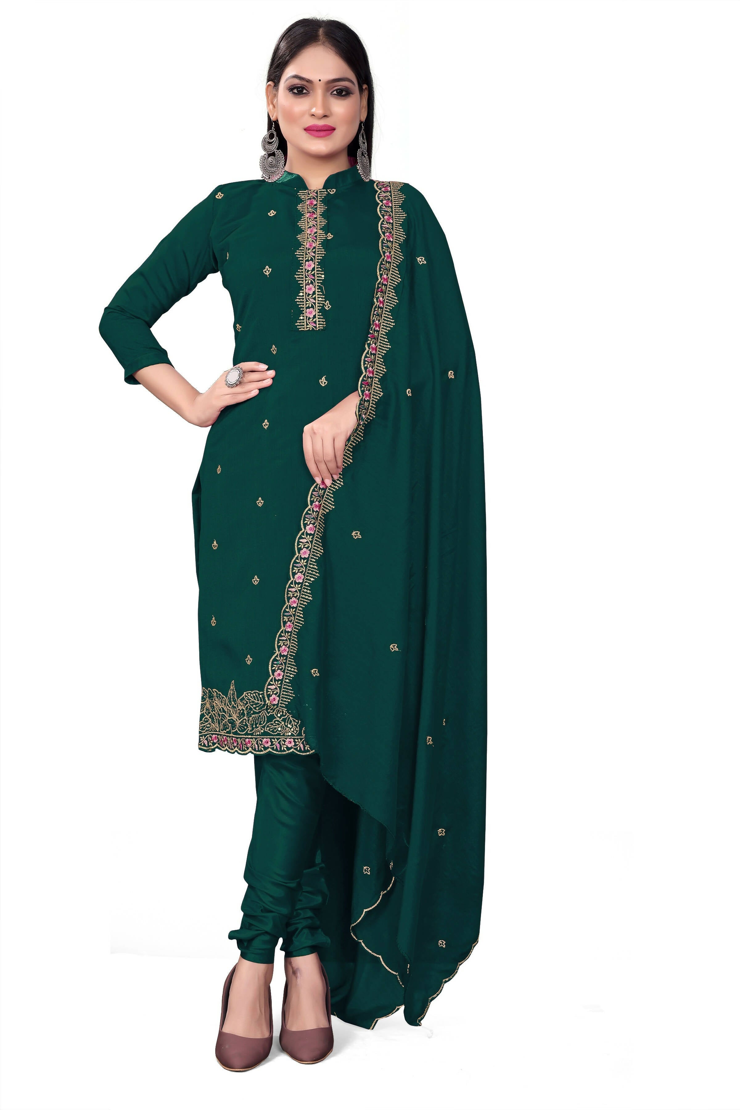 Teal Silk Embroidered with Sequins work Unstitched Dress Material - Tanvi | Grocsy