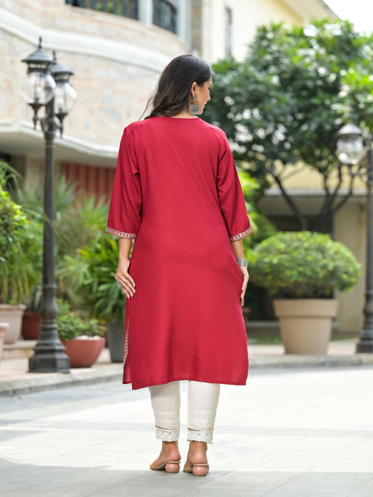 Juniper Women's Maroon Solid Rayon Kurti With Mirror Work & Sequins | Grocsy