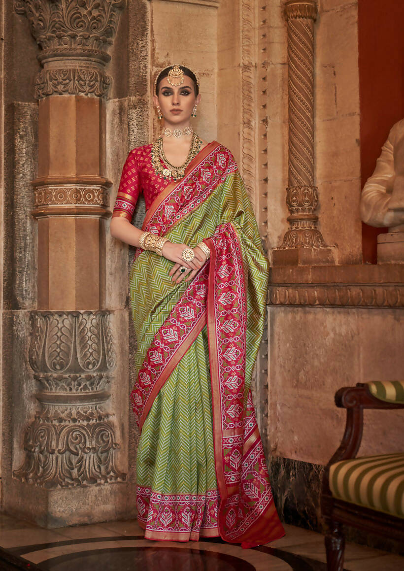 Olive Green Banarasi Weaving, Ultra Aqua Finish, Zari Work Banarasi Silk Saree - Rath Kunti | Grocsy