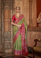 Olive Green Banarasi Weaving, Ultra Aqua Finish, Zari Work Banarasi Silk Saree - Rath Kunti | Grocsy