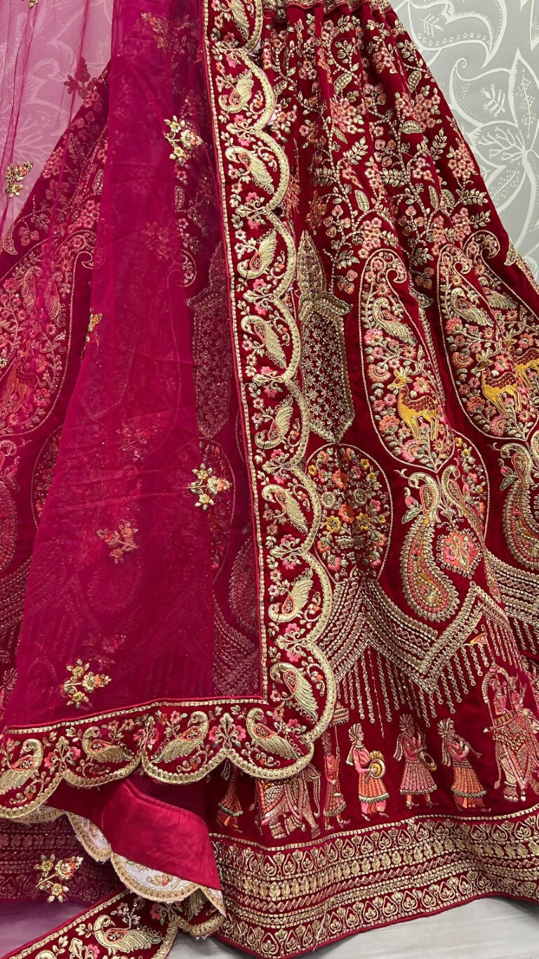 Jyoti Fashion Women's Rani Pink Velvet Multi Thread Embroidered with Zircon Diamond Work Wedding Lehenga Choli | Grocsy
