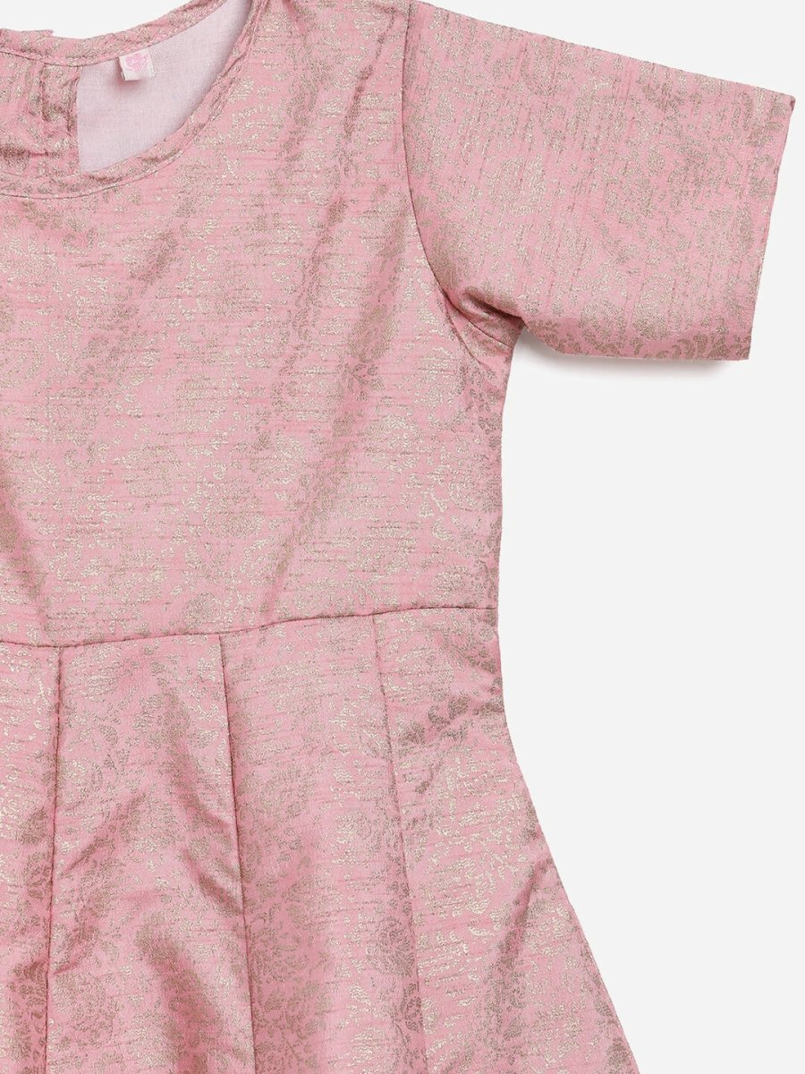 Ahalyaa Pink Poly Silk Gold Print Girl's Kids Dress For Girls | Grocsy