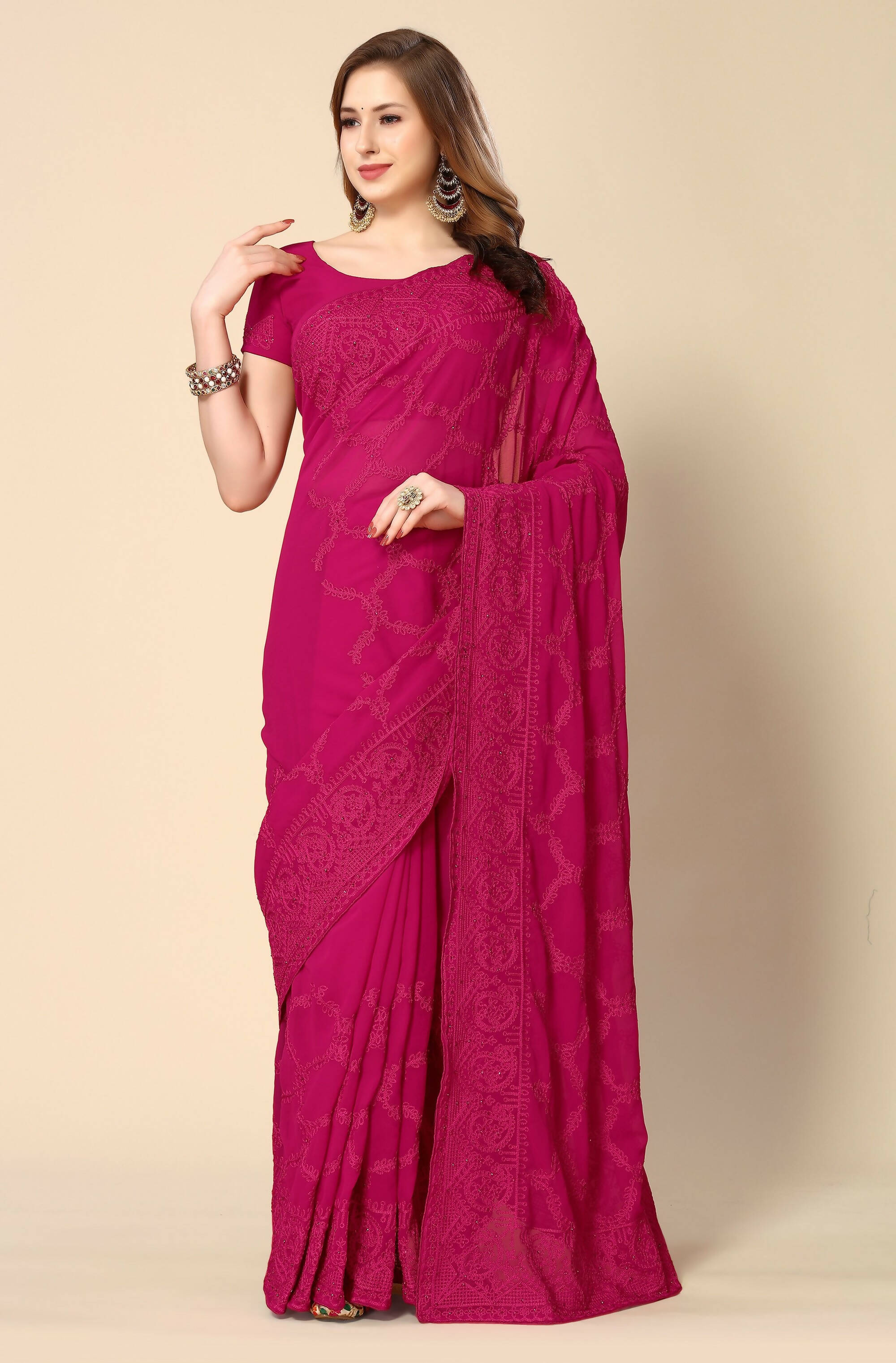 Pink Georgette Embroidered and Stone Work Saree with Unstitched Blouse Piece - Roozal | Grocsy