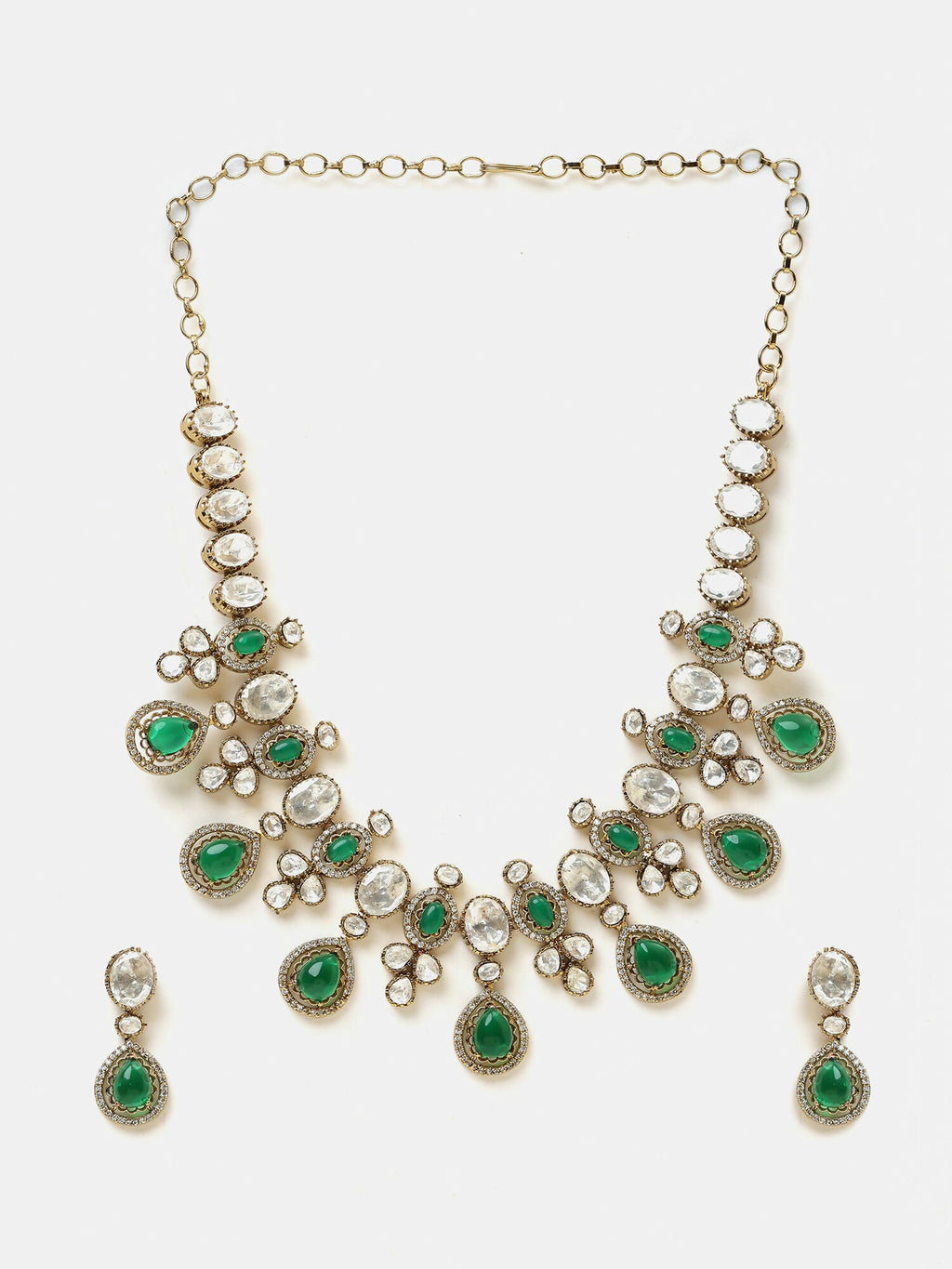 Ruby Raang Green Stone Kundan Work Necklace And Matching Earrings | Grocsy