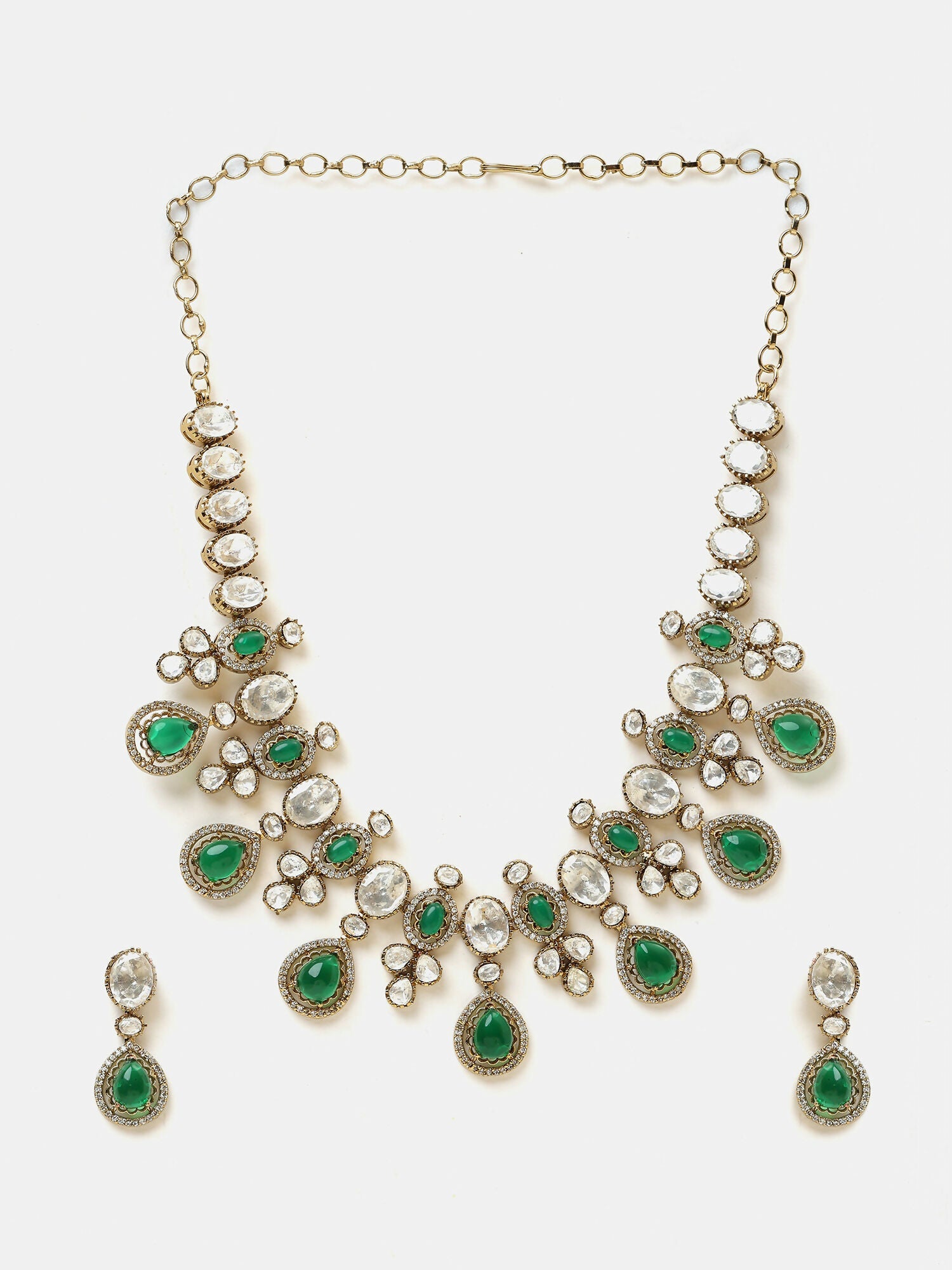 Ruby Raang Green Stone Kundan Work Necklace And Matching Earrings | Grocsy