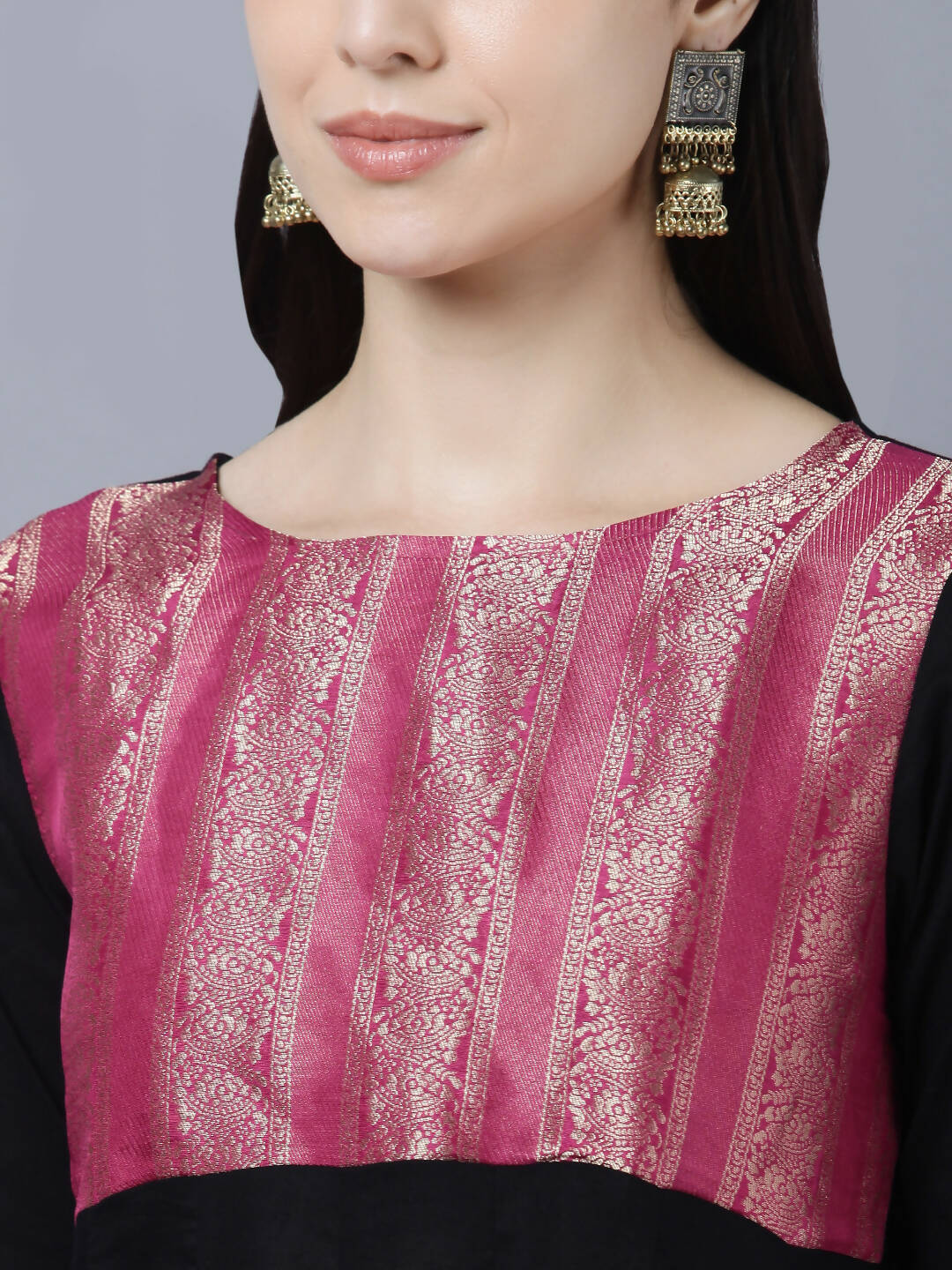 Myshka Women Black Peach-Coloured Colourblocked Cotton Anarkali Kurta | Grocsy