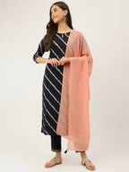 FIORRA Women's Navy Blue Poly Crepe Straight Kurta Pant With Dupatta | Grocsy