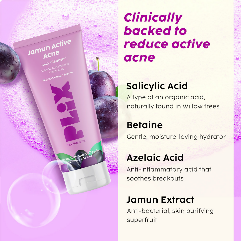 PLIX The Plant Fix Jamun Active Acne Regime With Cleanser, Toner & Moisturizer For Women & Men | Grocsy