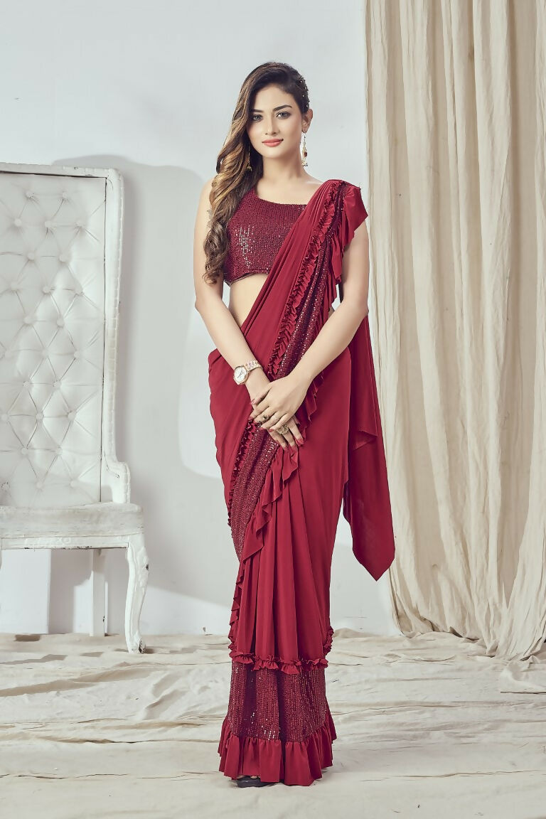 Mahotsav Women's Red Lycra Embellished Ready To Wear Saree With Stitched Blouse | Grocsy