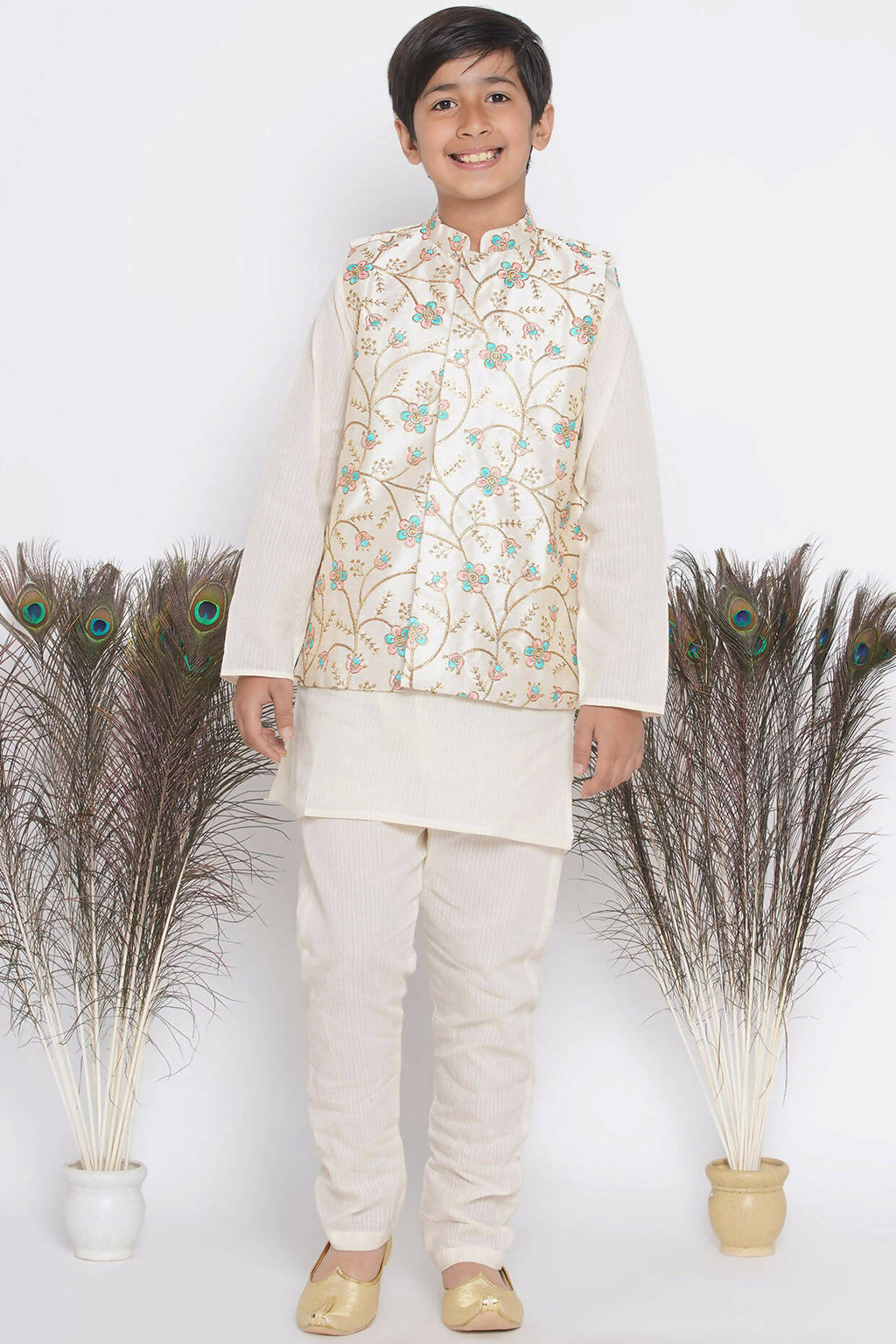 Little Bansi Banarsi Silk Pink Blue Floral Embroidery Jacket with Cotton Kantha kurta and Kantha Pyjama - Cream | Grocsy