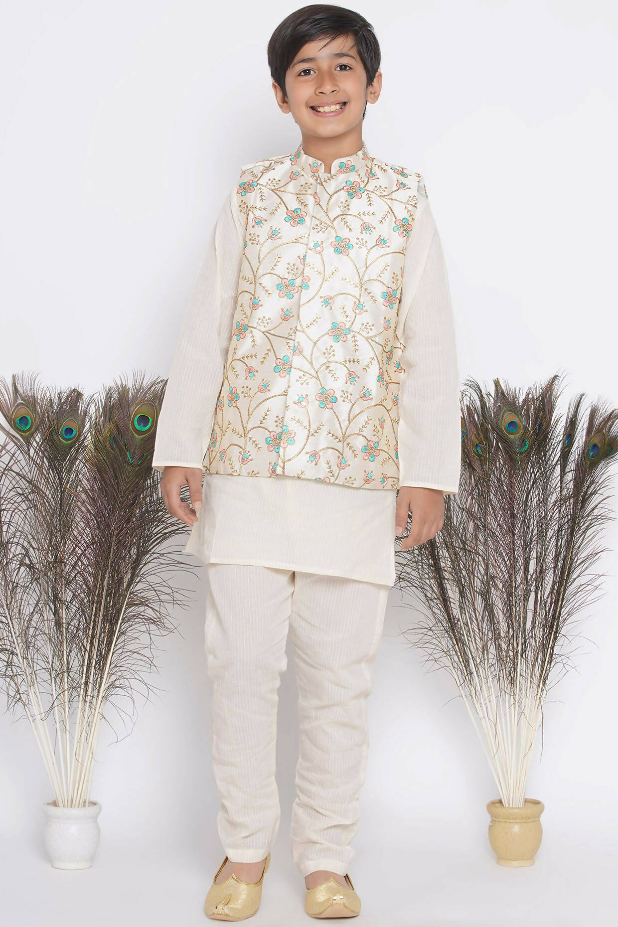 Little Bansi Banarsi Silk Pink Blue Floral Embroidery Jacket with Cotton Kantha kurta and Kantha Pyjama - Cream | Grocsy