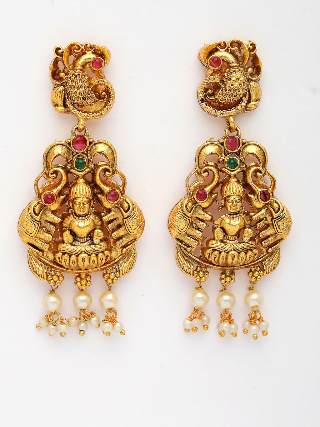 NVR Women's Set of 2 Gold-Polished Green & Red Stone Studded Lakshmi Design Temple Jewellery Set | Grocsy