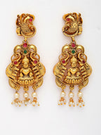 NVR Women's Set of 2 Gold-Polished Green & Red Stone Studded Lakshmi Design Temple Jewellery Set | Grocsy
