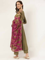 FIORRA Women's Olive Poly Crepe A-Line Kurta Pant With Dupatta | Grocsy