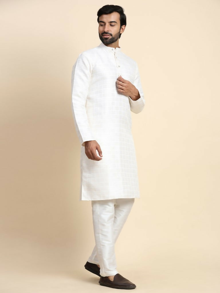 White Viscose Jacquard Woven Jacquard Designer Men's Rajwadi Kurta Set - Mahotsav | Grocsy