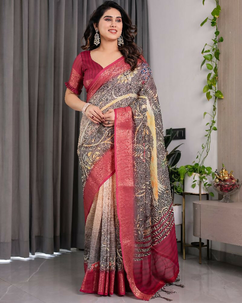 PR Fashion Wine Pure Handloom Linen Saree | Grocsy