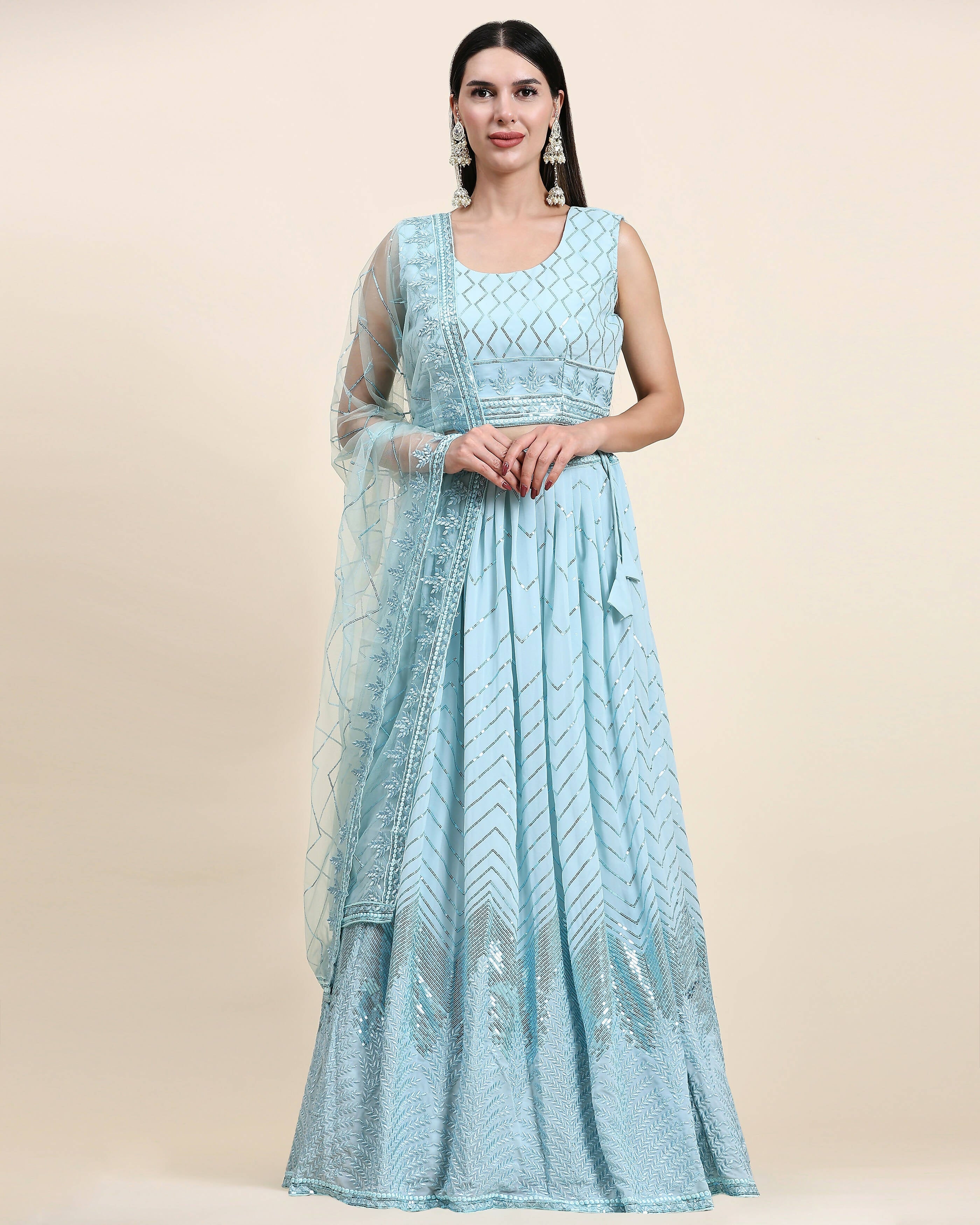 Blue Pure Viscose Georgette Sequence Embroidery work Lehenga Choli with Dupatta - Aakriti | Grocsy