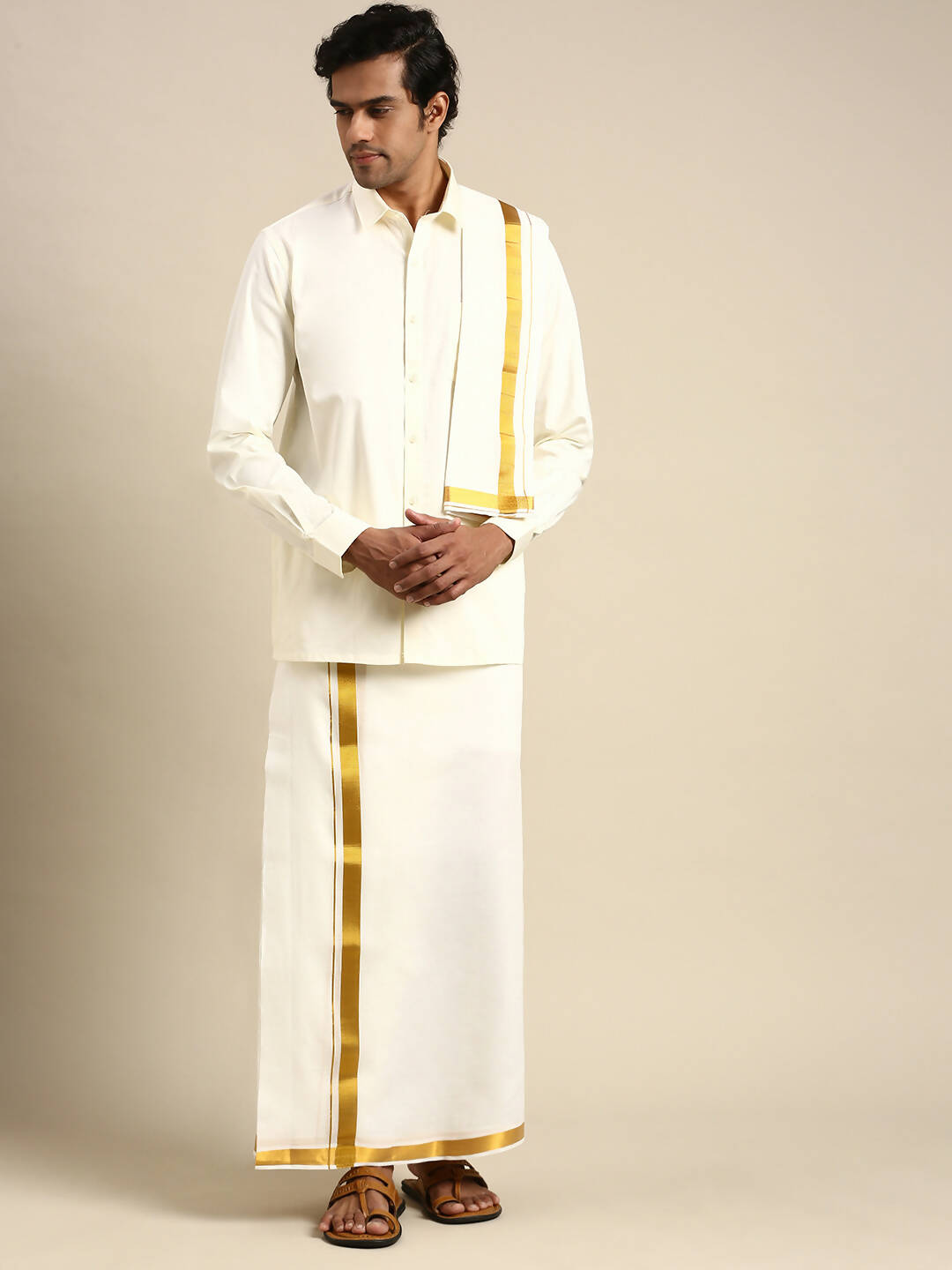 Ramraj Cotton Wedding Cream Zari Dhoti with shirt Bit & Towel Set Akshayam 50k | Grocsy