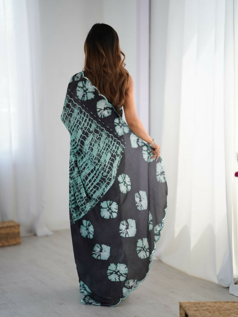 Black Chinon Designer Digital Printed,Mirror Cut Work Saree - Sohni | Grocsy