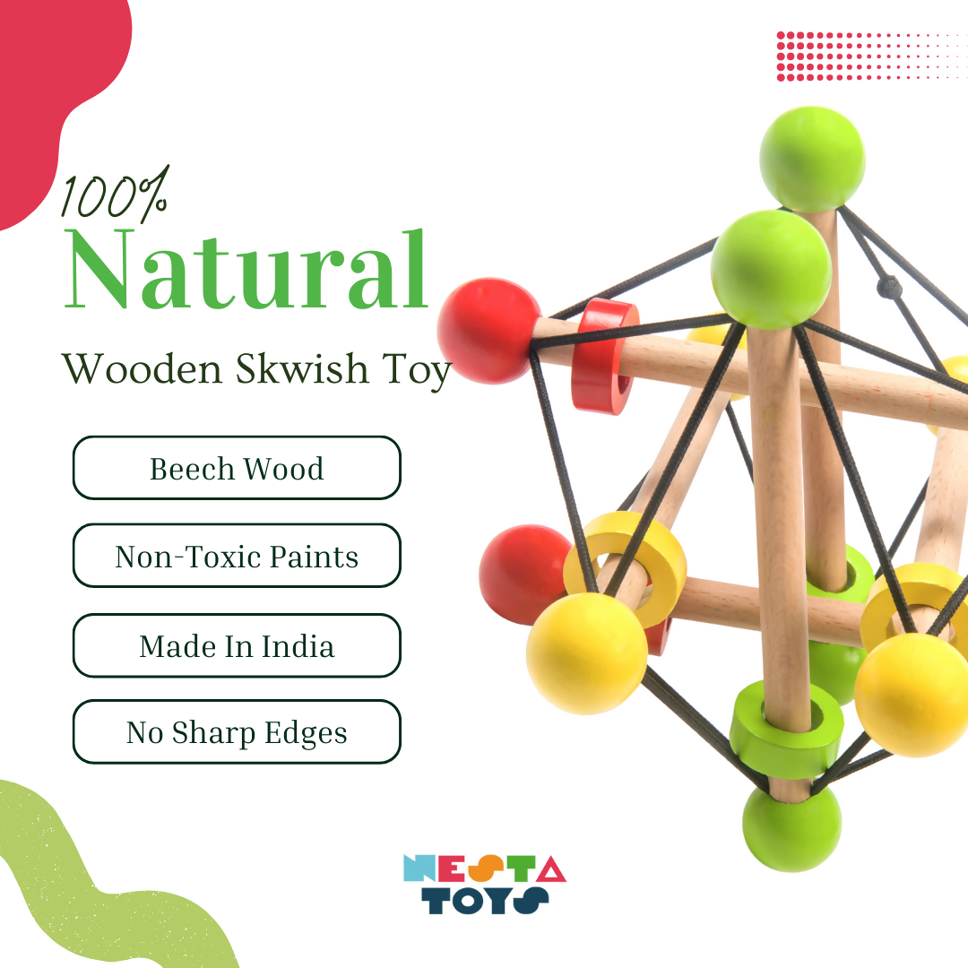 Nesta Toys Skwish Baby Rattle and Teether, Grasping Activity Toy, Wooden Toy for Babies, Montessori Toy (6+ Months) | Grocsy