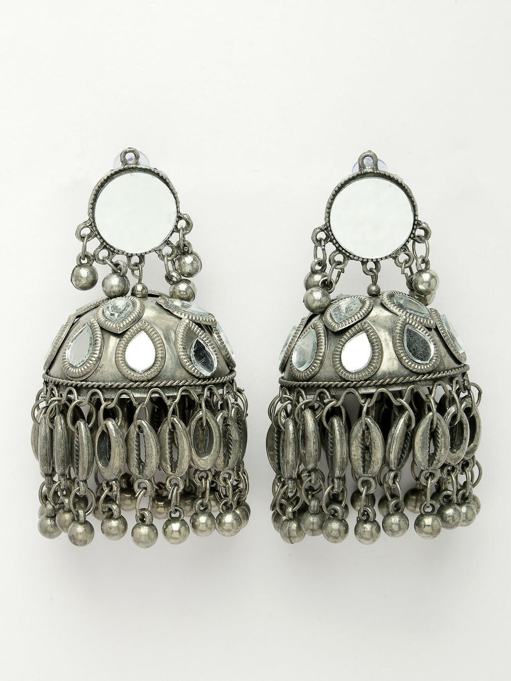 NVR Women's Silver Plated Mirror Work Oxidised Contemporary Jhumka Earrings | Grocsy