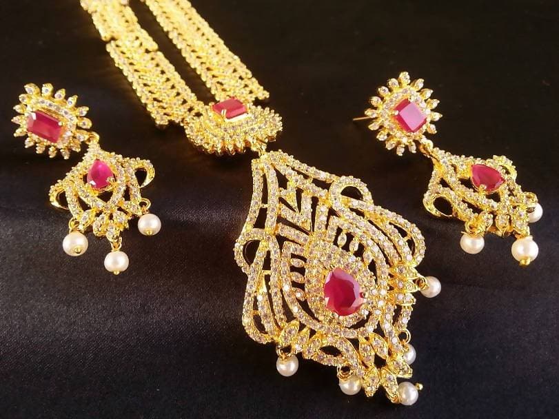 AD Ruby Bridal Long Traditional Necklace Set | Grocsy