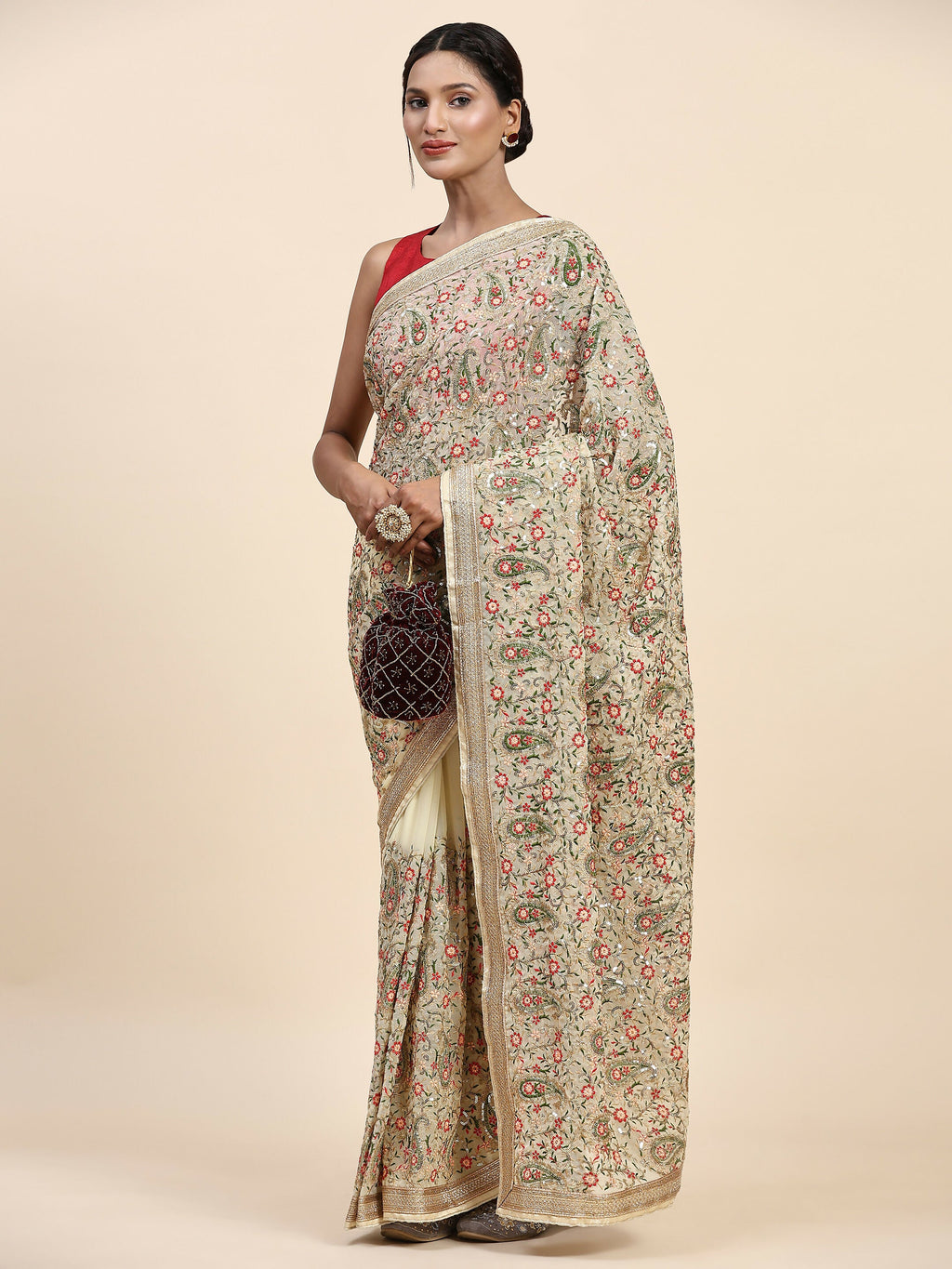 Vamsee Kamini Cream Georgette Saree | Grocsy