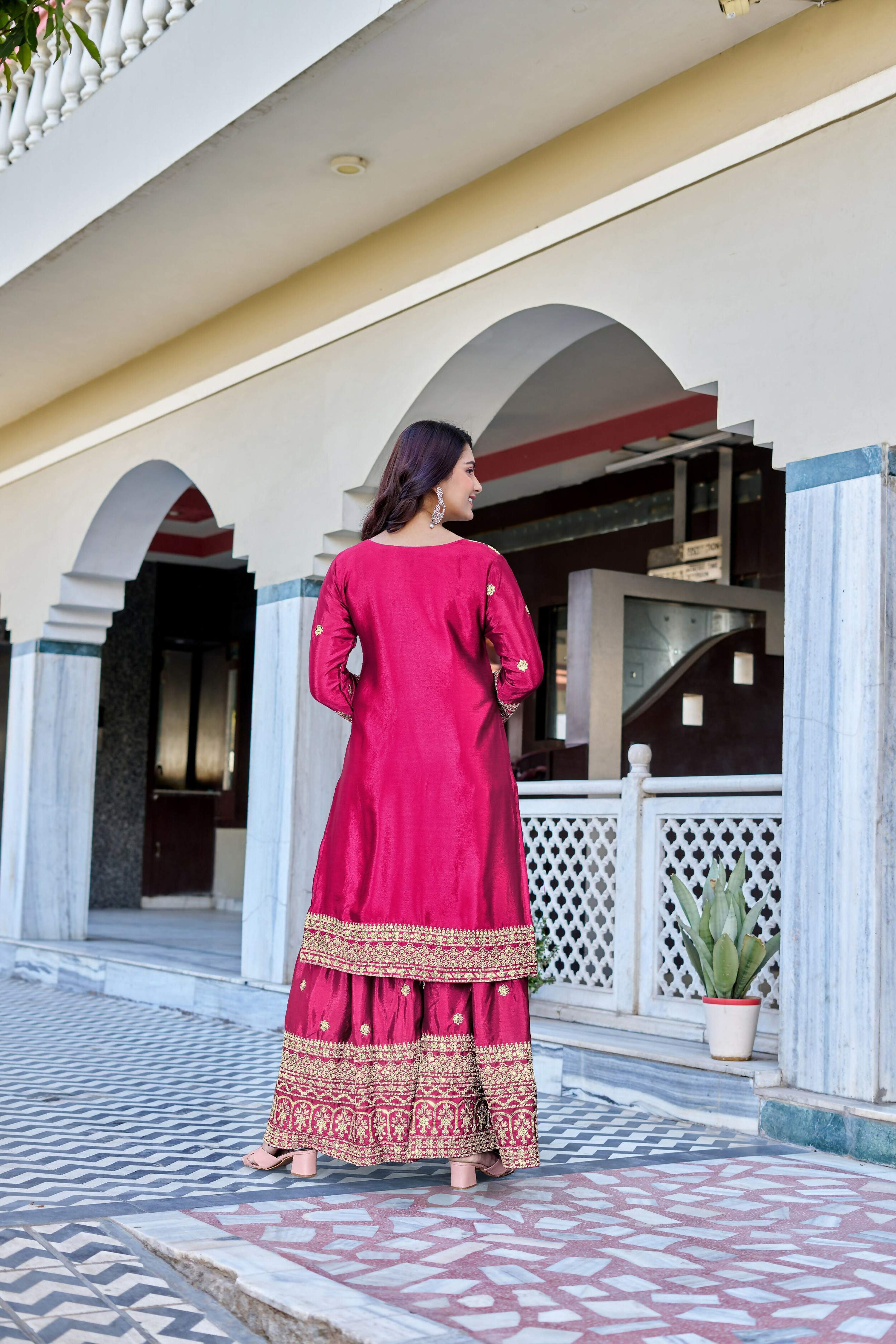 Teeya Creation Pink Color Chinon Silk Heavy Embroidery Work Wedding Wear Sharara | Grocsy