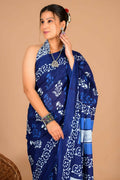 Exclusive Collection Blue Beautiful Mulmul Cotton Saree | Grocsy
