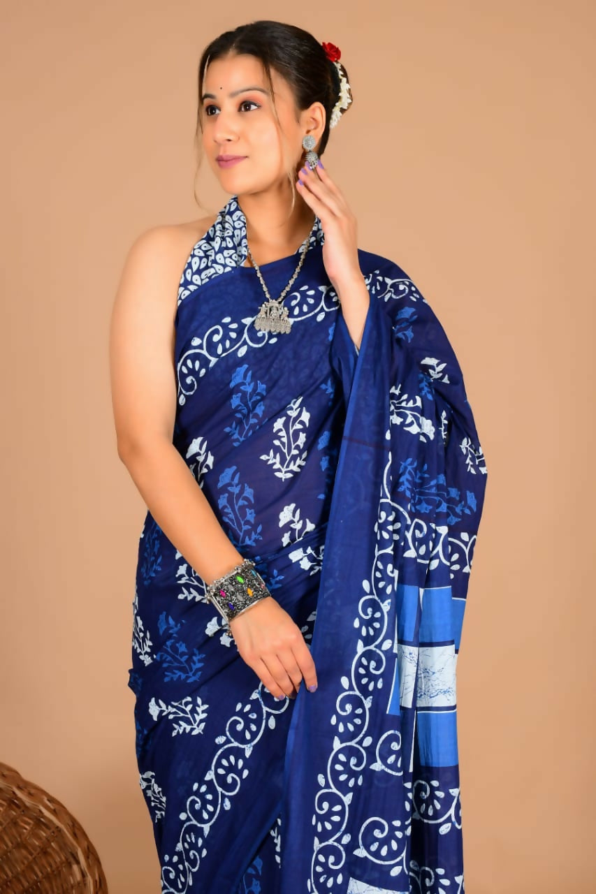 Exclusive Collection Blue Beautiful Mulmul Cotton Saree | Grocsy
