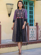 Juniper Women's Lavender Printed Embroidered Flared Dress | Grocsy