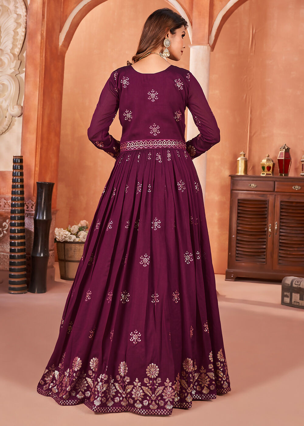 Wine Purple Festive Embroidered Art Silk Anarkali Suit - Emponline | Grocsy