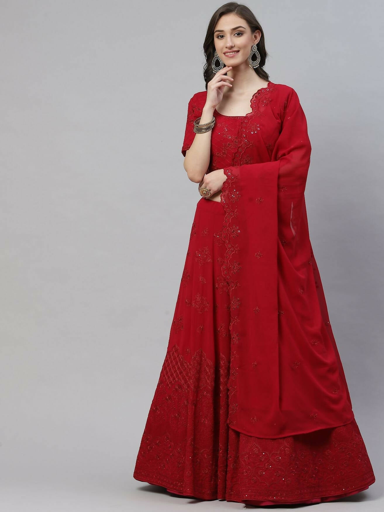 Dark Pink Georgette Thread with Sequins Embroidered work Lehenga Choli with Dupatta - Jivika | Grocsy