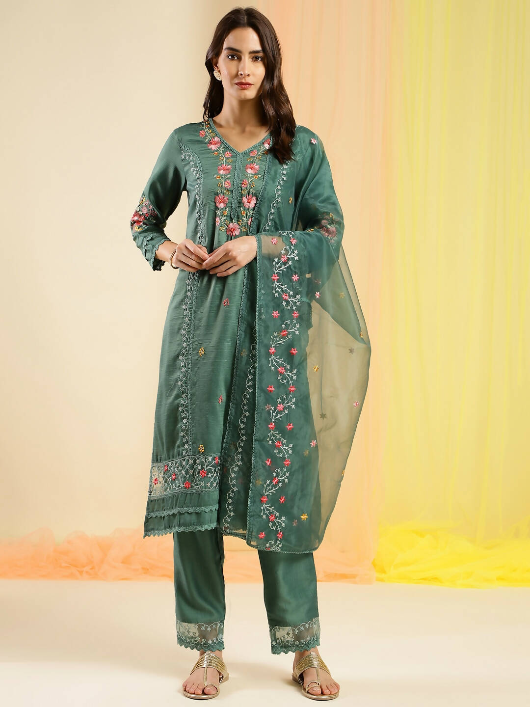 Green Chinon Embroidered Straight Kurta with Trouser & Dupatta - Salimar | Grocsy
