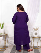 Miravan Women's Plus Size Purple Embroidered Sweetheart Neck & Accordion Pleated Solid A-Line Kurta And Palazzo Set | Grocsy
