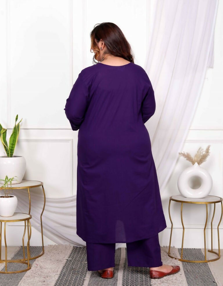 Miravan Women's Plus Size Purple Embroidered Sweetheart Neck & Accordion Pleated Solid A-Line Kurta And Palazzo Set | Grocsy