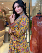 The52 Women's Beautiful Cotton Fabric Printed Work Flared Kurta Palazzo and Dupatta Set | Grocsy