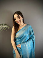 Joban Fashion Ocean Blue Floral Motifs & Ethnic Design Soft Satin Silk Kanchipuram Saree | Grocsy