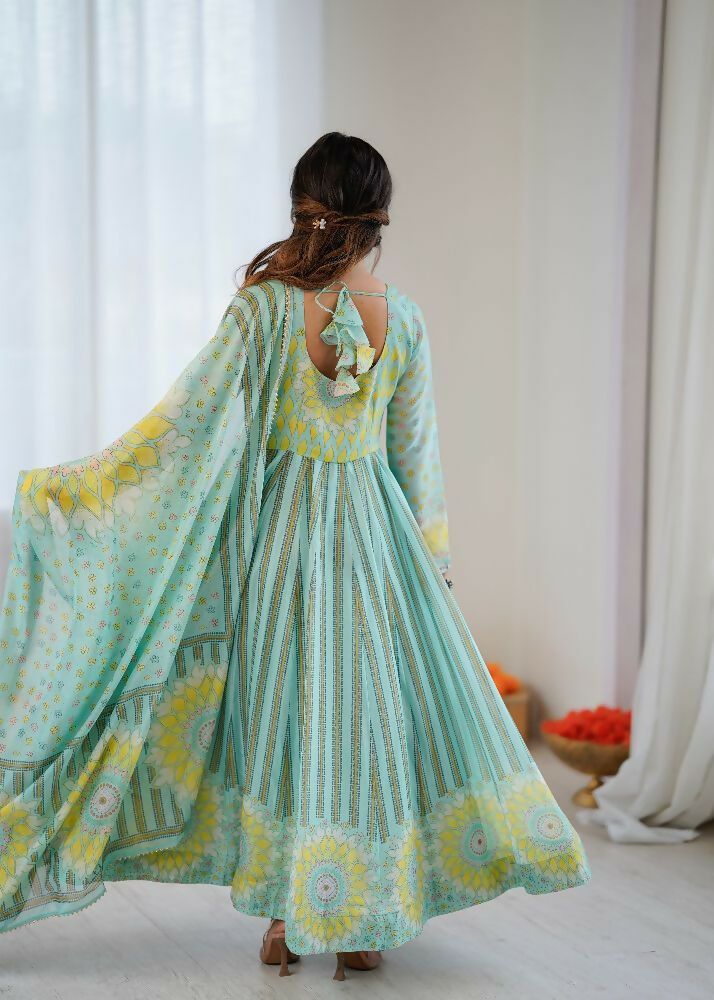 Teeya Creation Sky Soft Organza Digital Printed Party Wear Long Gown | Grocsy