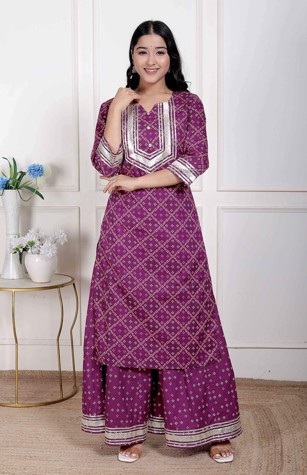 Miravan Women Cotton Magenta gota work Kurta with Flared Palazzo | Grocsy