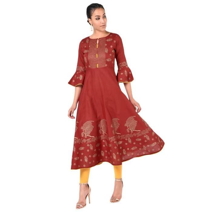 Aniyah Cotton Gold Print Flared Anarkali Kurta Maroon (AN-162K) | Grocsy